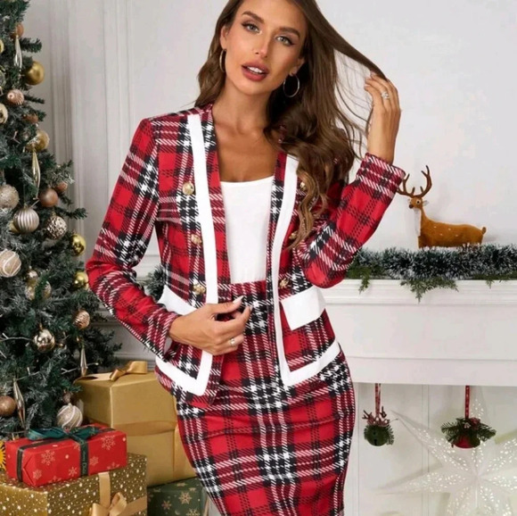 2pcs/Set Women Plaid Jacket And A-Line Skirt Suit Set, Suitable For - Picture 1 of 7